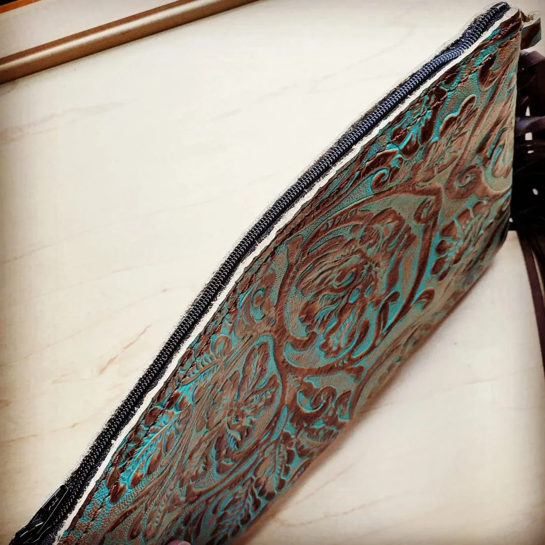 Embossed Cowboy Turquoise Leather Clutch Handbag