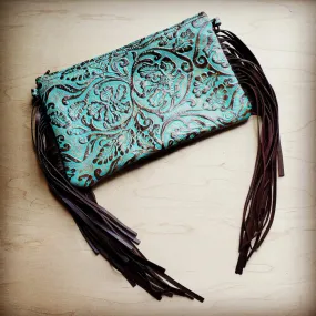 Embossed Cowboy Turquoise Leather Clutch Handbag