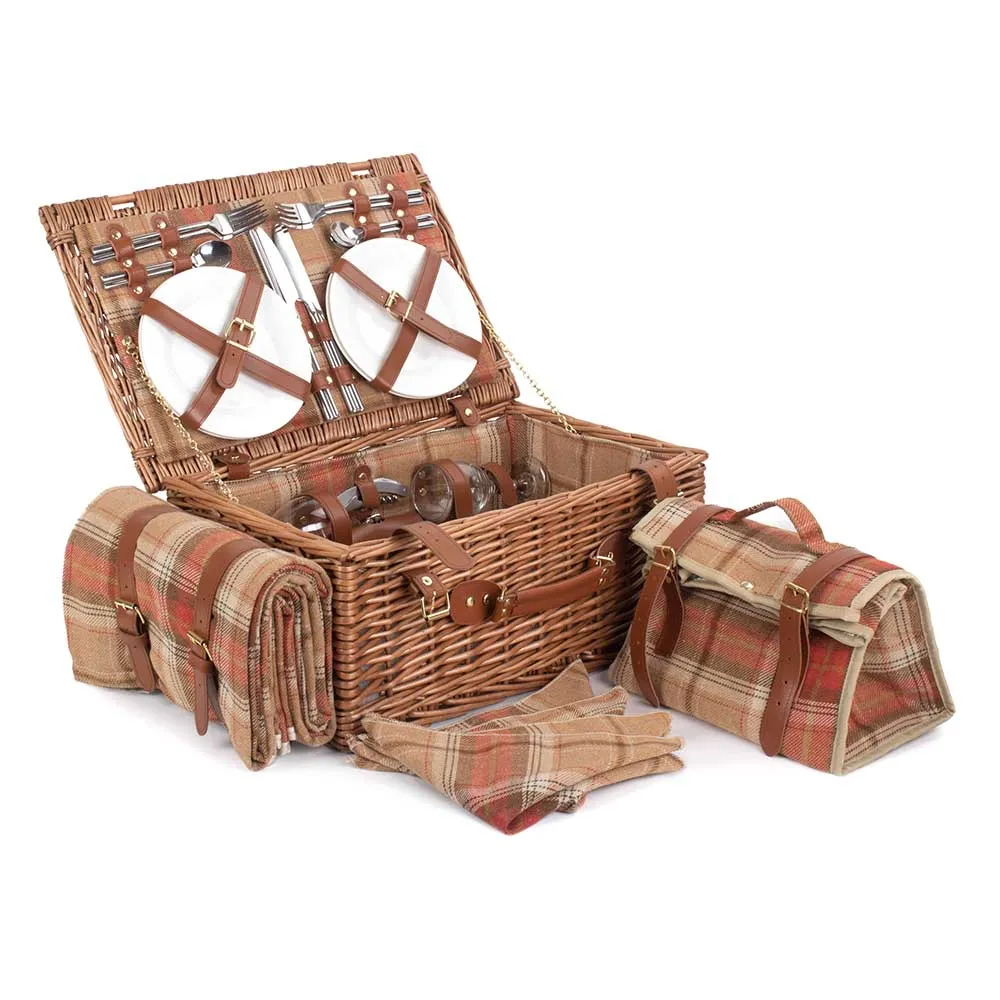 Fully Fitted Picnic Basket Hamper in Red Tartan Four Person 105 by Willow