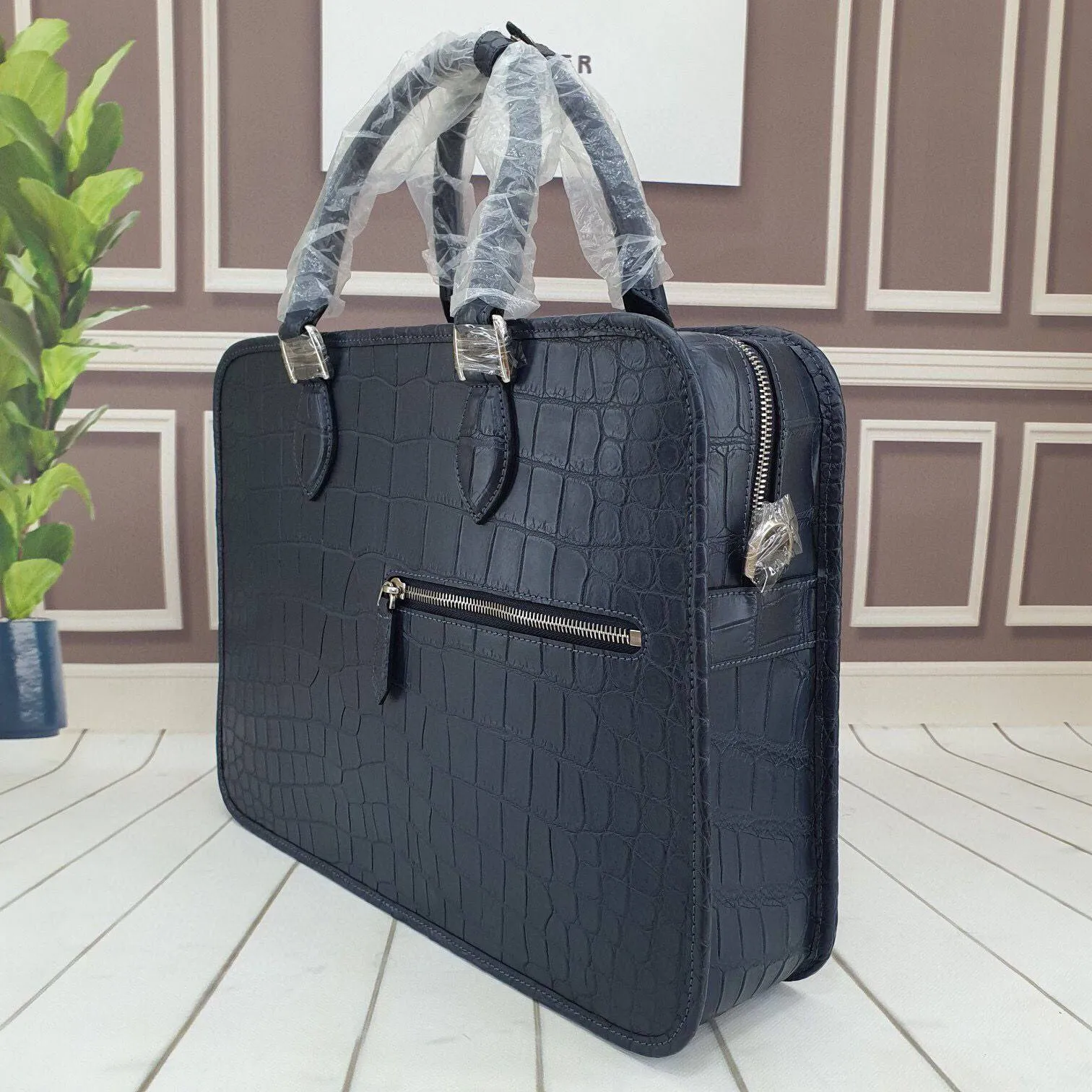 Genuine Crocodile Leather Briefcase Laptop Buiness Bag Blue