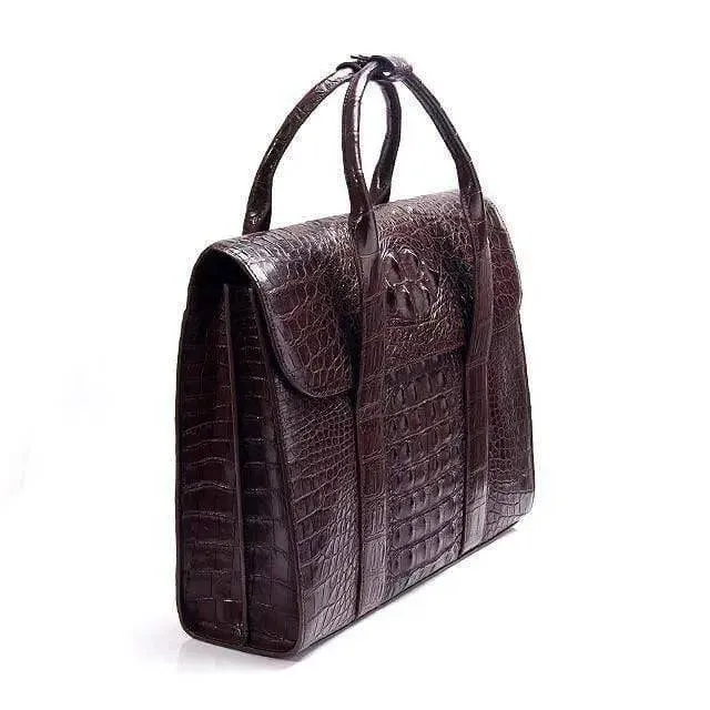 Genuine Crocodile Skin Leather Business Briefcase Bag With Fold over Flap