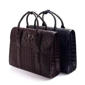 Genuine Crocodile Skin Leather Business Briefcase Bag With Fold over Flap