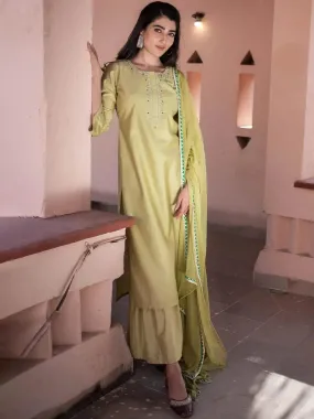 Green Embroidered Silk Straight Kurta With Sharara & Dupatta