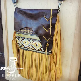 Hair on Hide Handbag w/ Leather Fringe Yellow Navajo Accent