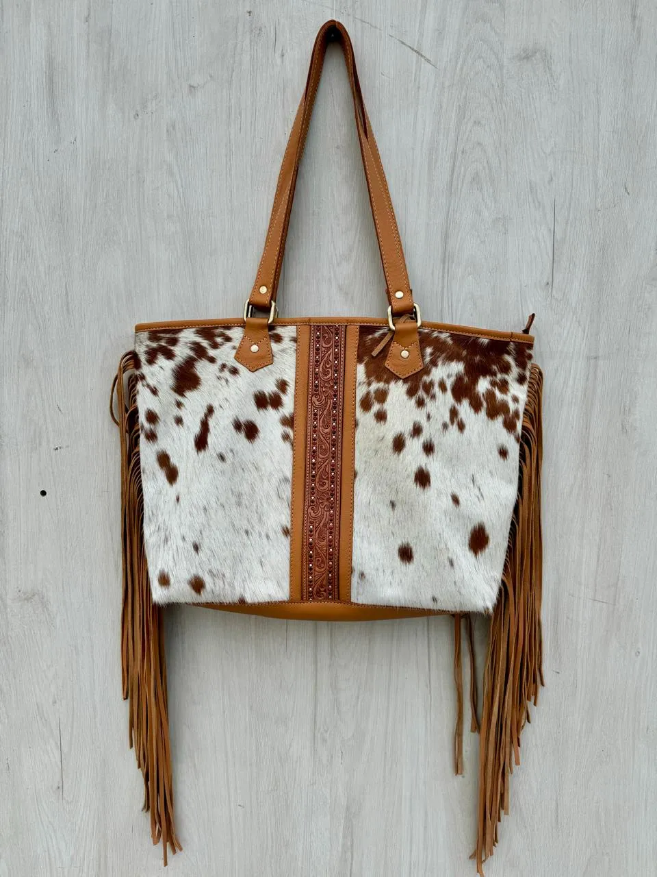 Hand Painted Tooling Leather Big Cowhide Bag With Fringes