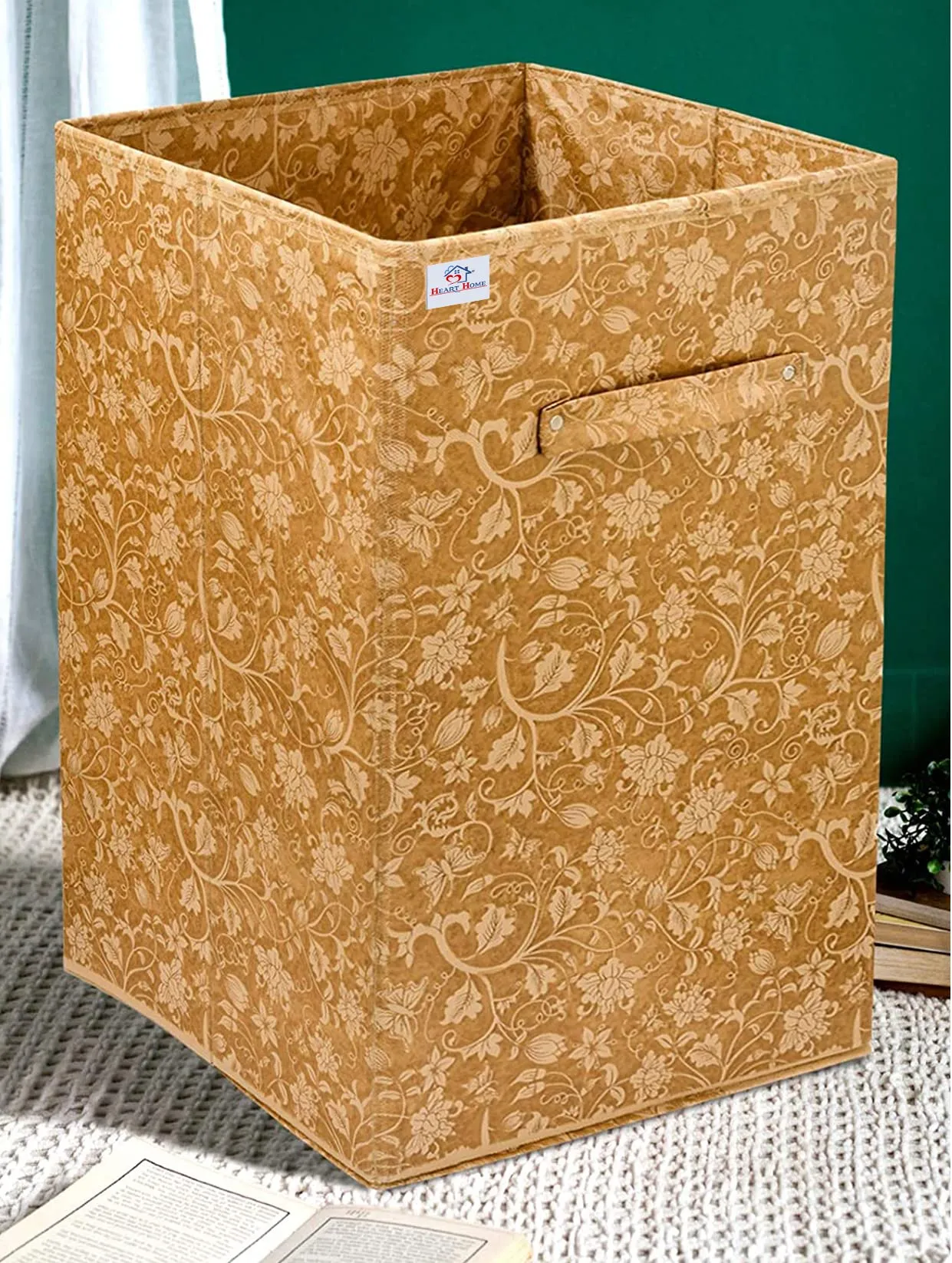 Heart Home Metallic Flower Printed Non-Woven Foldable Large Laundry basket/Hamper With Handles- Pack of 2 (Brown)-HS43HEARTH25858