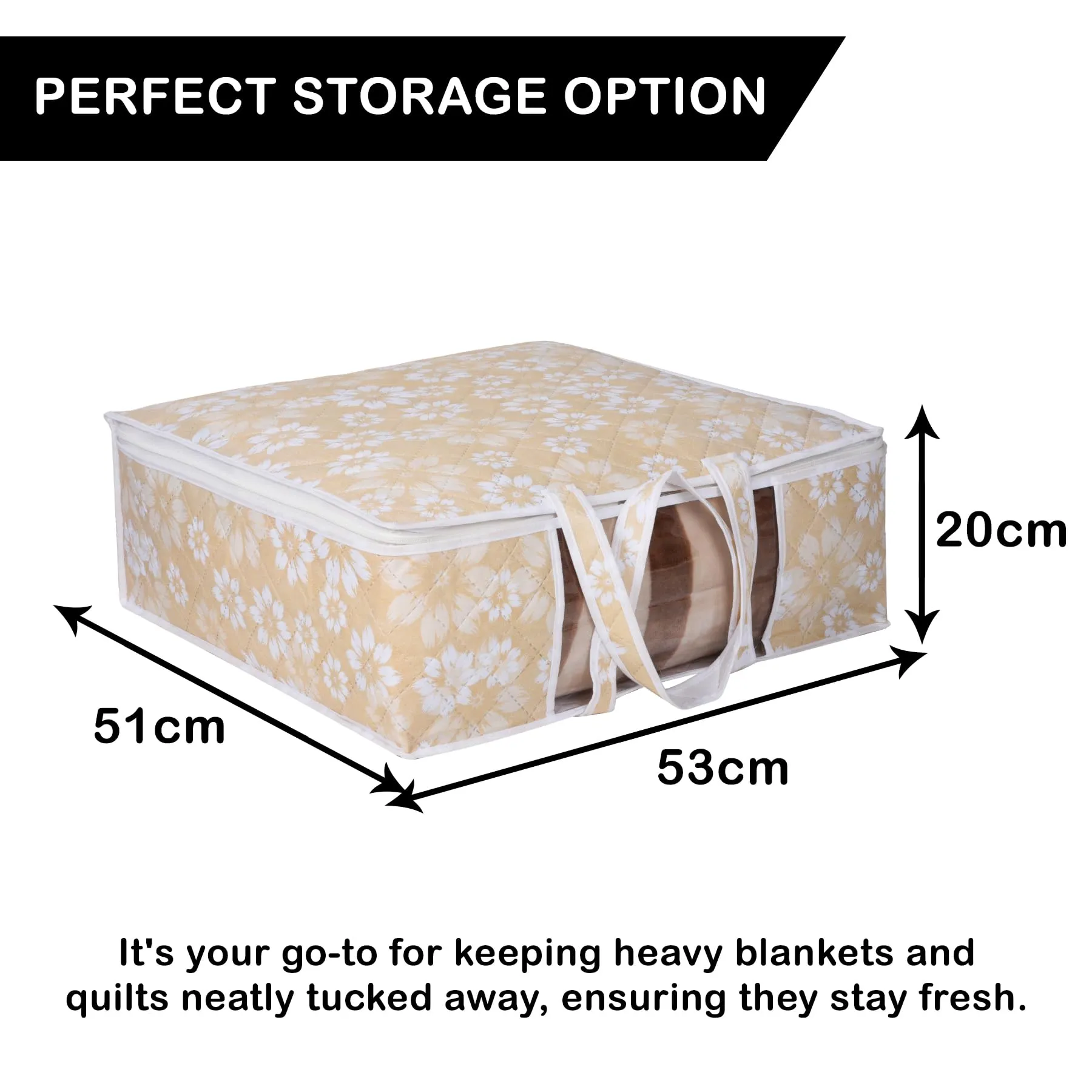 Kuber Industries Blanket Cover | Waterproof Underbed Storage Bag | Wardrobe Storage Bag | Visible Window with Handle | Bedding Clothes Bag | Flower Quilted Comforter Bag | Golden