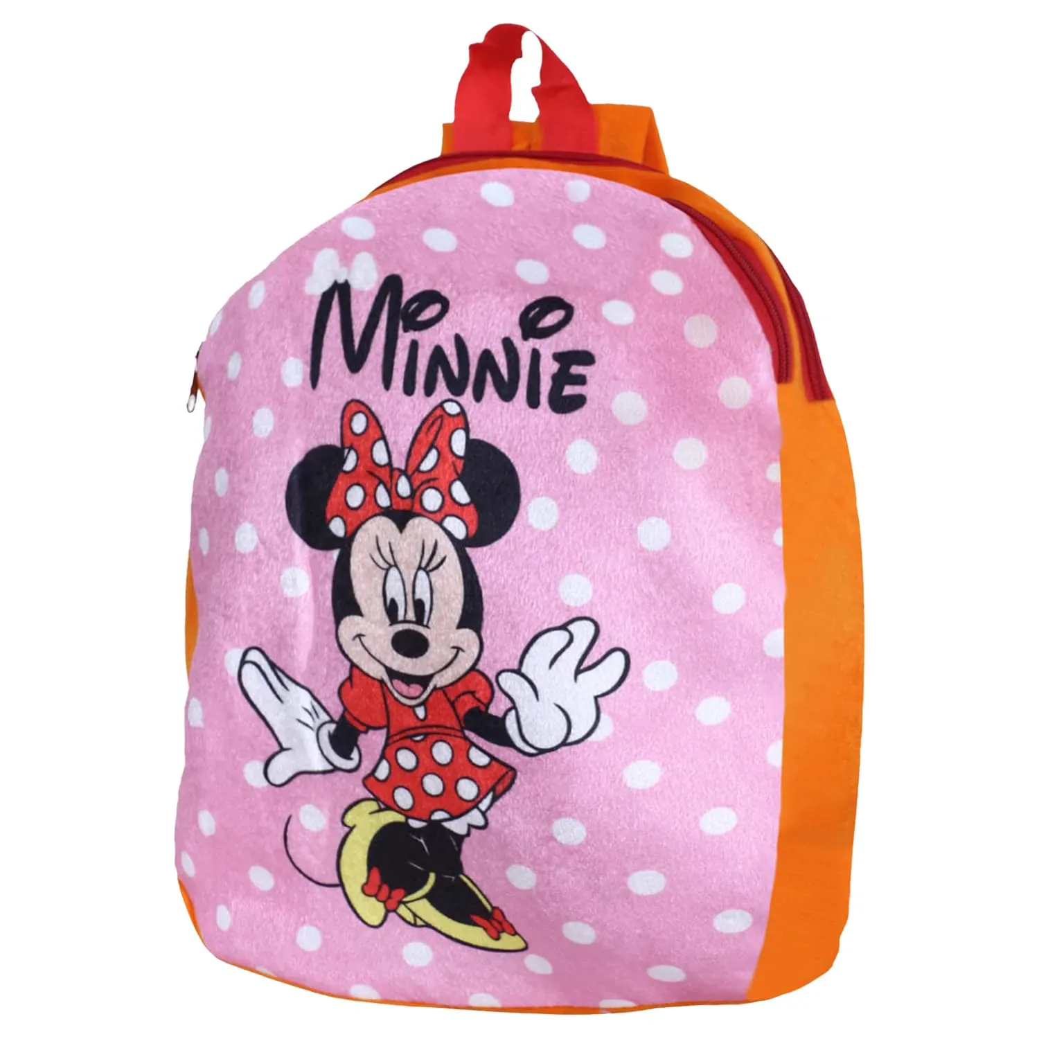 Kuber Industries Disney Minnie Backpack | 2 Compartment Velvet School Bag | Dot Print School Bag for Kids | Kids School Backpack | Backpack for School | Orange