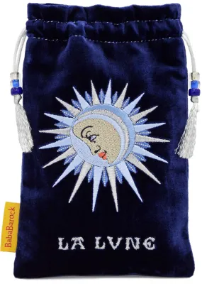 La Lune - embroidered drawstring bag with royal blue silk velvet