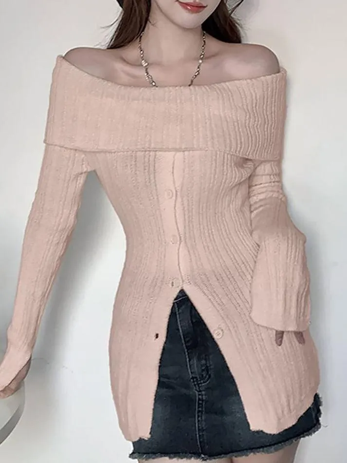 Long Sleeve Off-Shoulder Ribbed-Knit Sweater