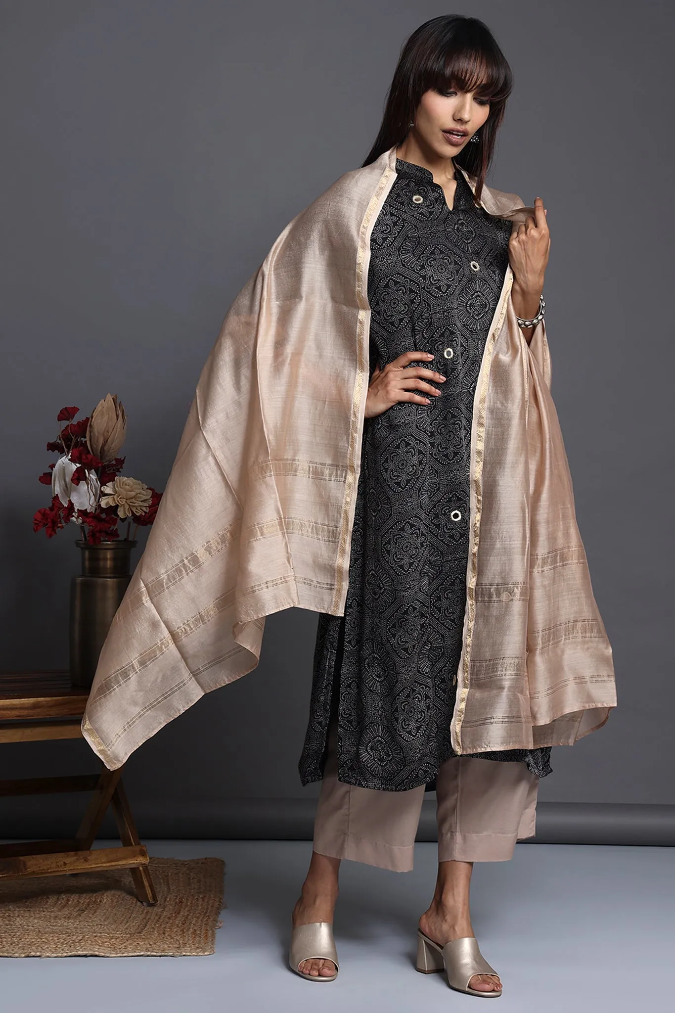 long yoke modal silk panel kurta - monochrome essence & burnished gold