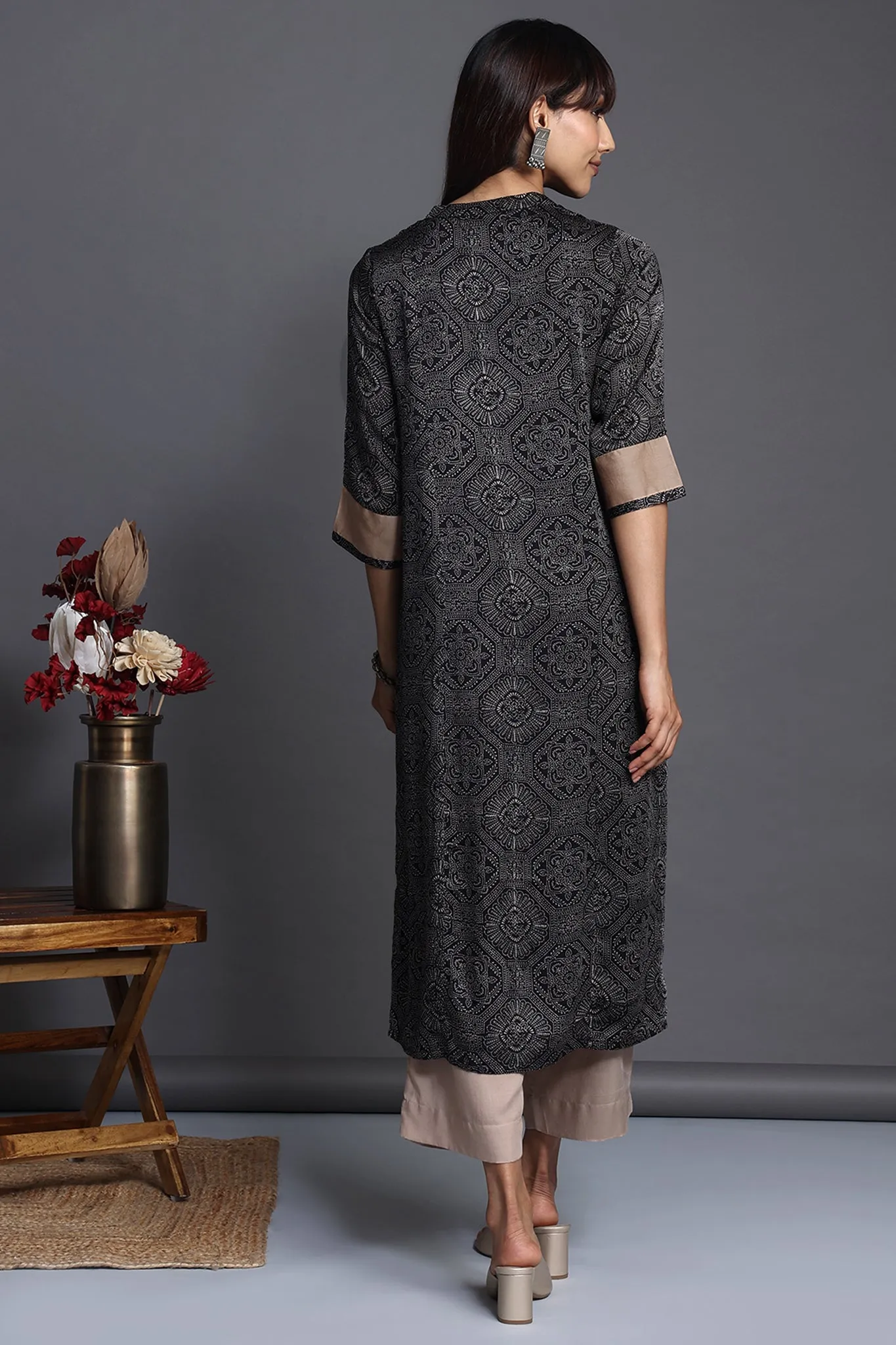 long yoke modal silk panel kurta - monochrome essence & burnished gold