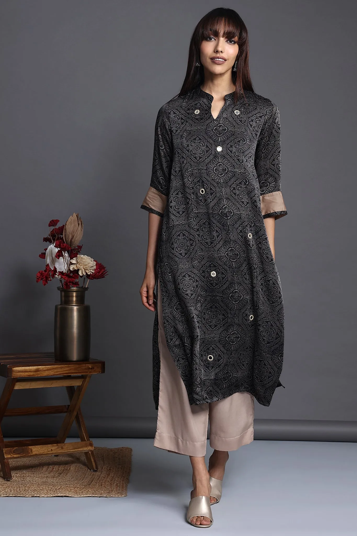 long yoke modal silk panel kurta - monochrome essence & burnished gold