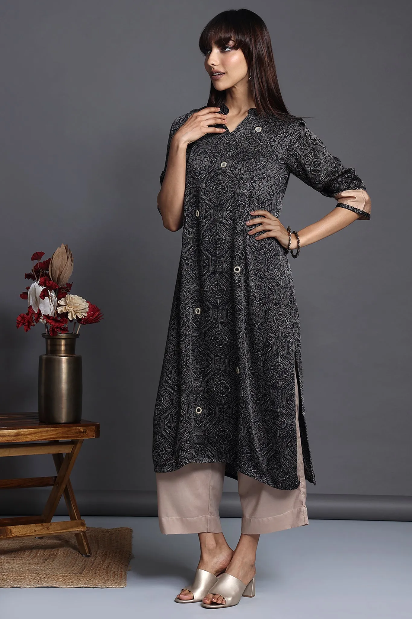 long yoke modal silk panel kurta - monochrome essence & burnished gold