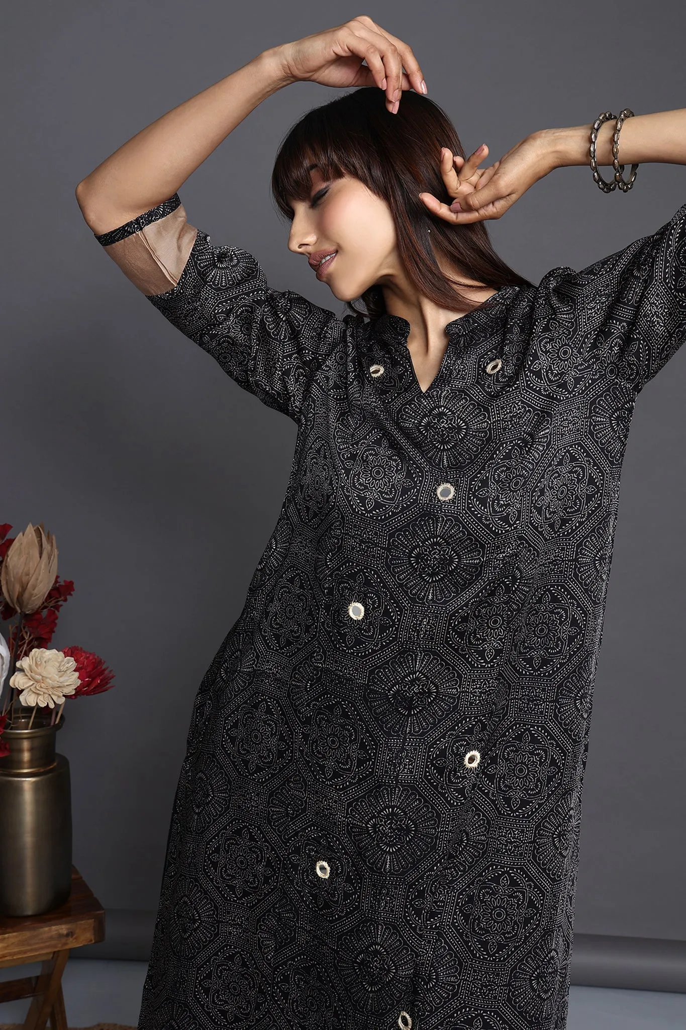 long yoke modal silk panel kurta - monochrome essence & burnished gold