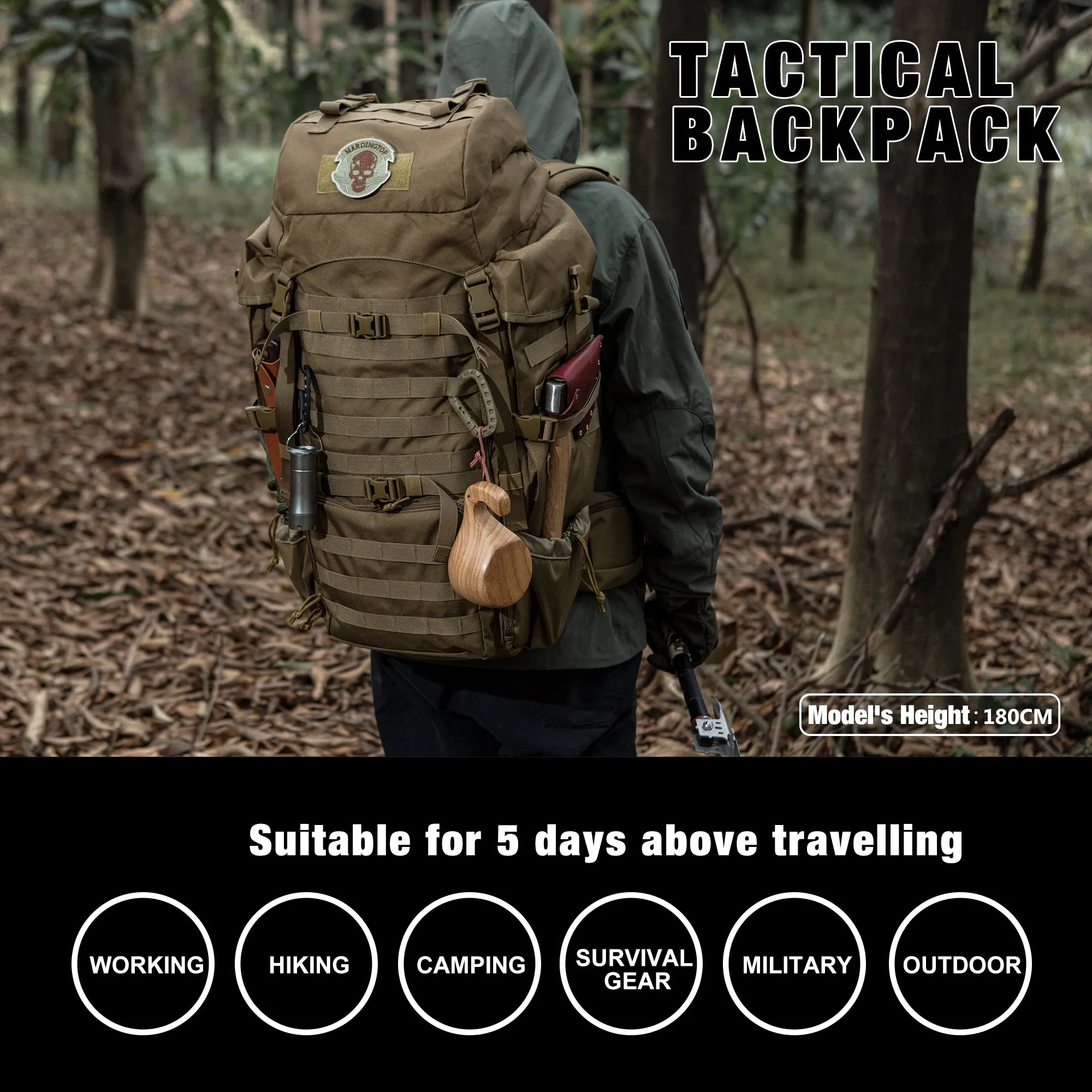 [M6480] Mardingtop 70L Hiking Backpack Internal Frame Backpack Molle Daypack with Rain Cover