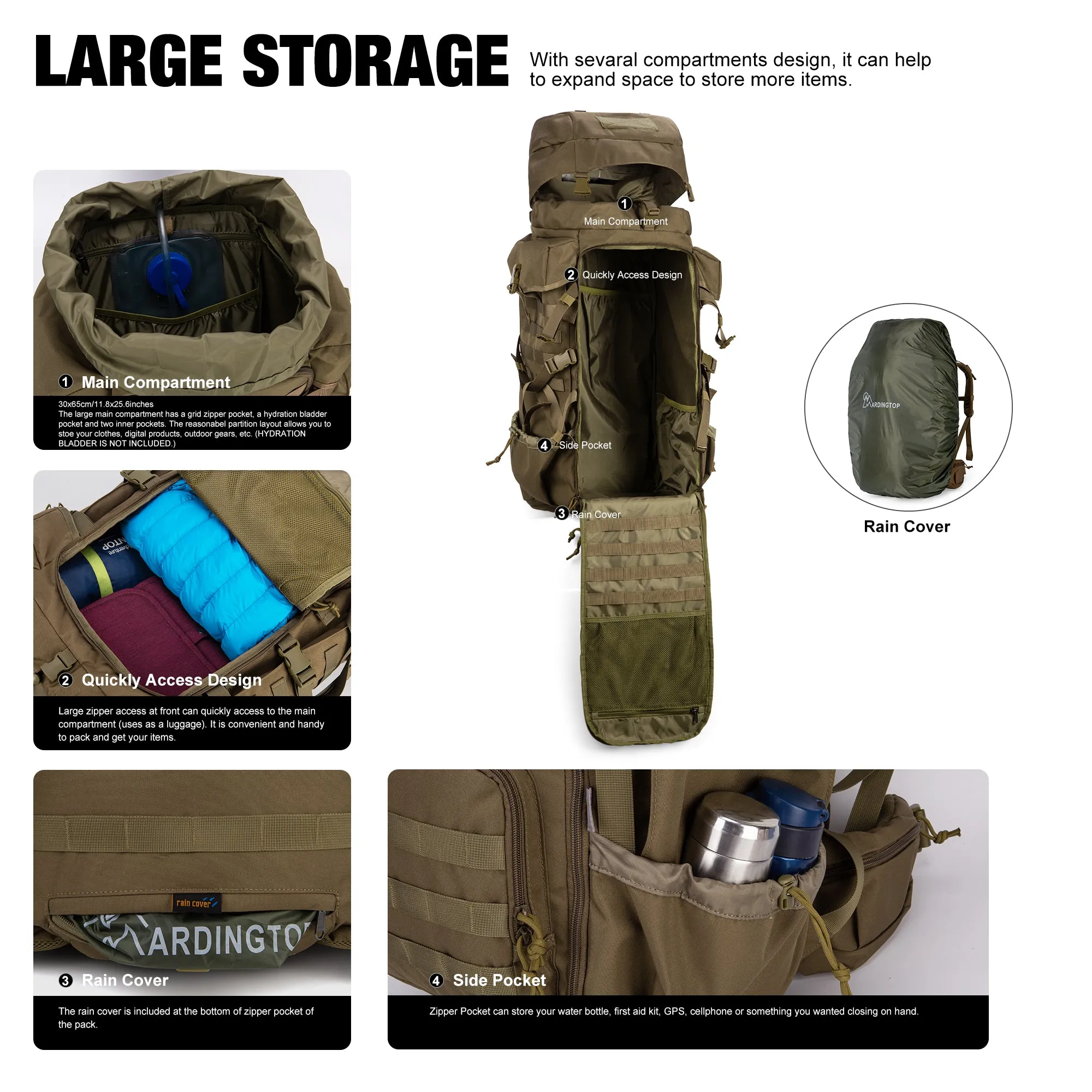 [M6480] Mardingtop 70L Hiking Backpack Internal Frame Backpack Molle Daypack with Rain Cover