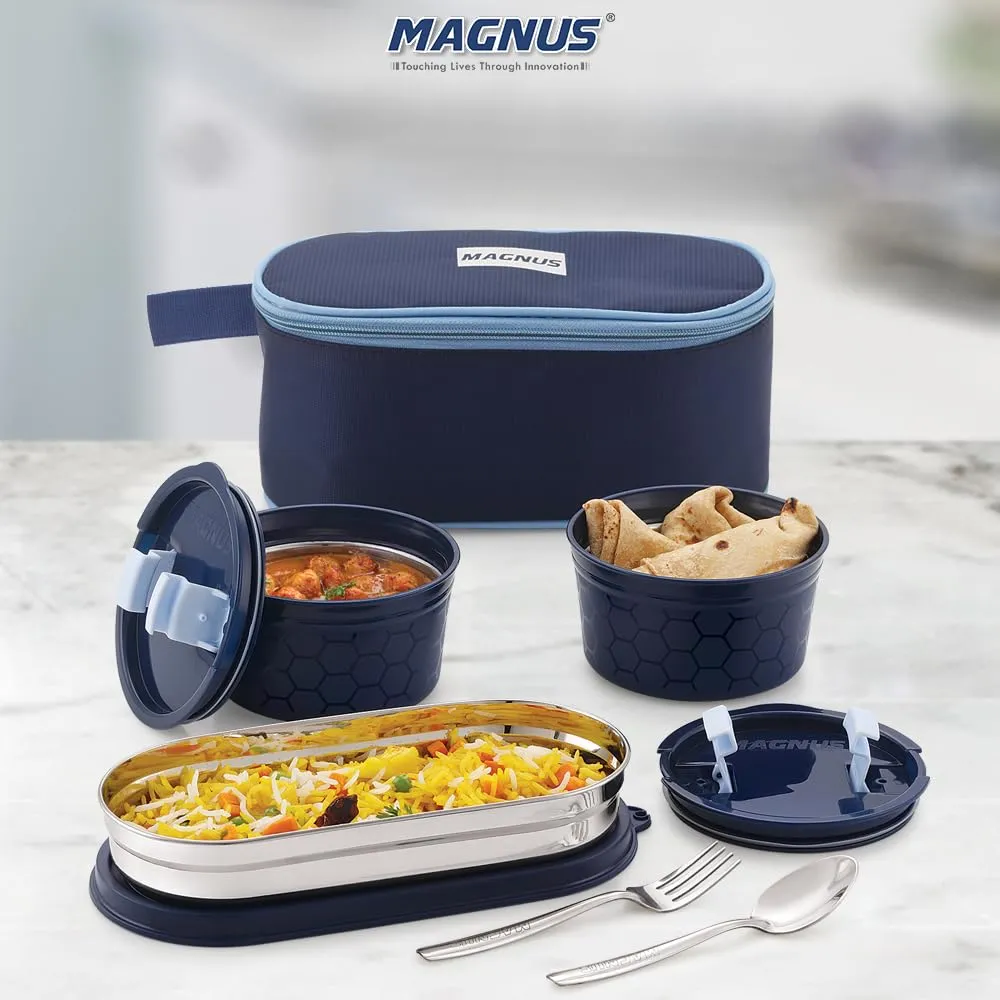 Magnus Microwave Safe Olive 3 Prime Lunch Box Set - Stainless Steel Containers with Roti Slot, Fork & Spoon Included, Insulated Bag - Lunch Box for Kids, Lunch Boxes for Office Men, Women, School