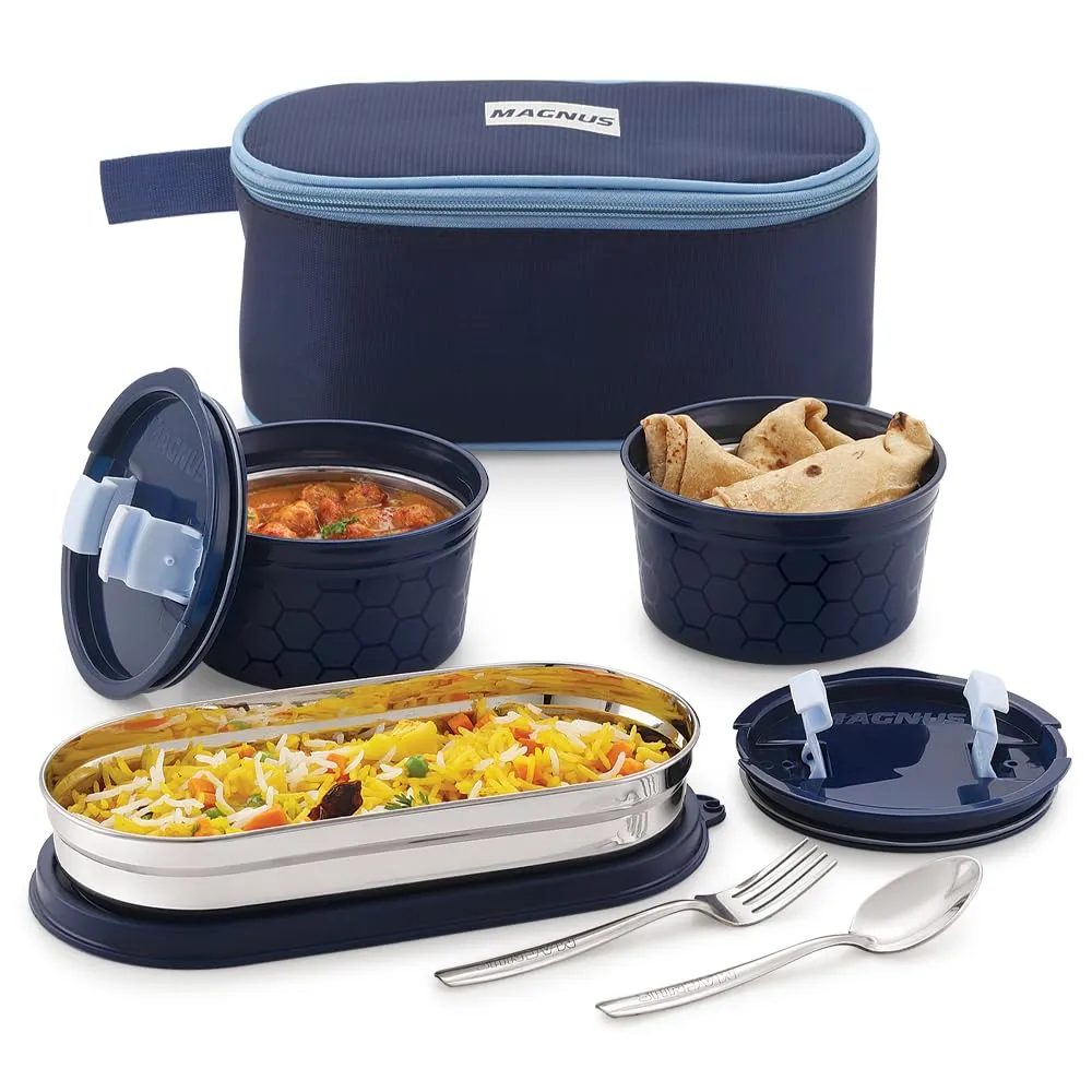 Magnus Microwave Safe Olive 3 Prime Lunch Box Set - Stainless Steel Containers with Roti Slot, Fork & Spoon Included, Insulated Bag - Lunch Box for Kids, Lunch Boxes for Office Men, Women, School