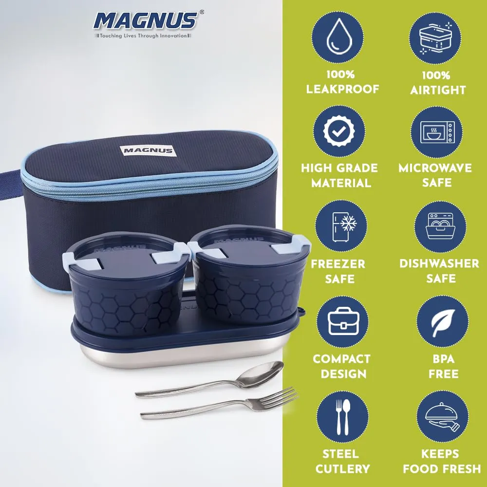 Magnus Microwave Safe Olive 3 Prime Lunch Box Set - Stainless Steel Containers with Roti Slot, Fork & Spoon Included, Insulated Bag - Lunch Box for Kids, Lunch Boxes for Office Men, Women, School