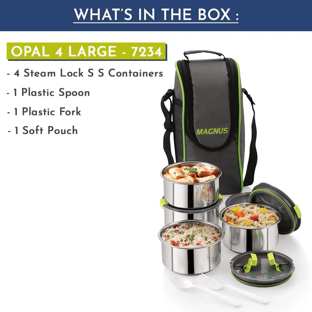 Magnus Opal 4 Stainless Steel Lunchbox Set with Bag - Leak-Proof, Insulated Lunch Box for Kids, Lunch Boxes for Office Men and Women - 4 Containers, 350ml Each, with Smart Steam Lock Mechanism