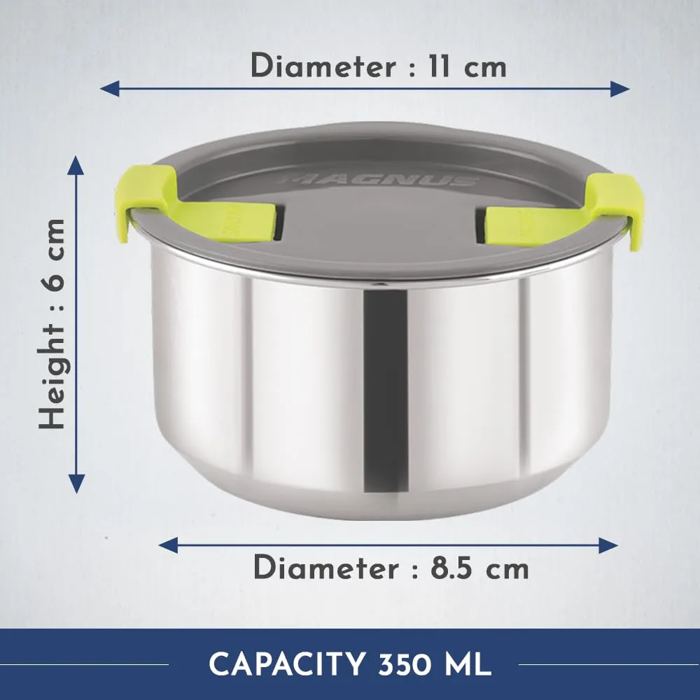 Magnus Opal 4 Stainless Steel Lunchbox Set with Bag - Leak-Proof, Insulated Lunch Box for Kids, Lunch Boxes for Office Men and Women - 4 Containers, 350ml Each, with Smart Steam Lock Mechanism