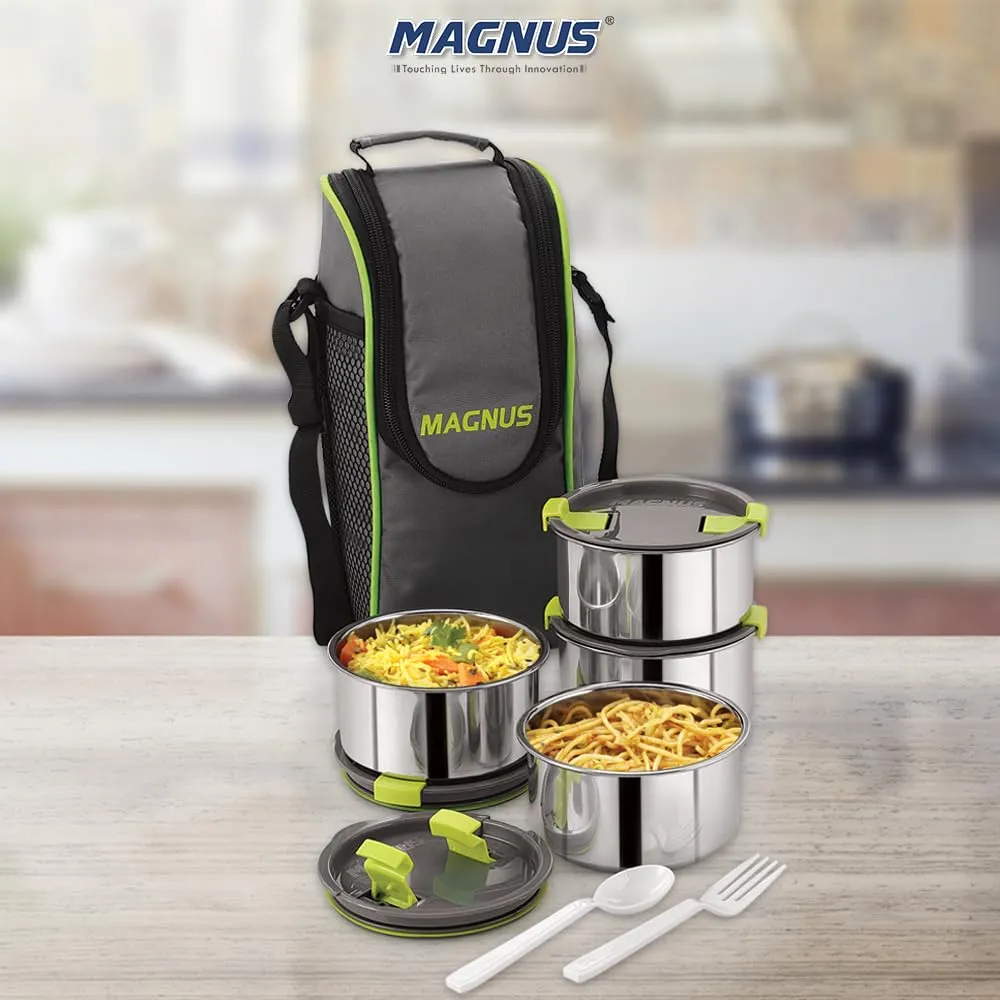 Magnus Opal 4 Stainless Steel Lunchbox Set with Bag - Leak-Proof, Insulated Lunch Box for Kids, Lunch Boxes for Office Men and Women - 4 Containers, 350ml Each, with Smart Steam Lock Mechanism