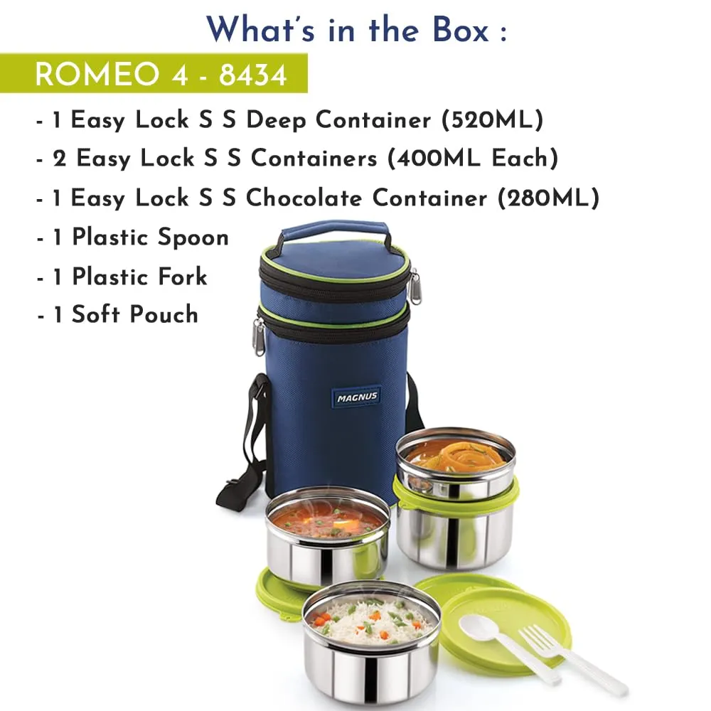 Magnus Romeo Stainless Steel Lunch Box Set with 4 Leakproof Containers & Insulated Bag – Airtight Tiffin for Office, School, Kids, Men, Women – Rust-Resistant Lunch Box for Kids & Office Men – Green