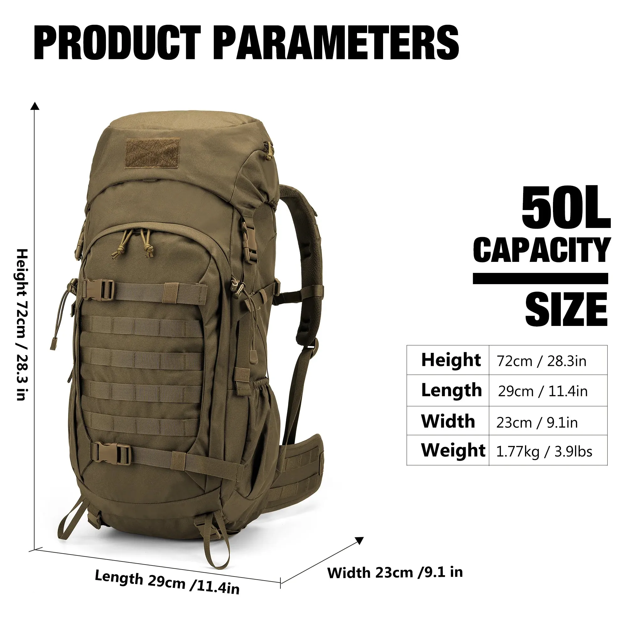 Mardingtop 50L Cordura Molle Hiking Internal Frame Backpacks with Rain Cover