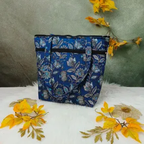 Medium Size Handbag Dark Blue with Allover Botanical Prints Design