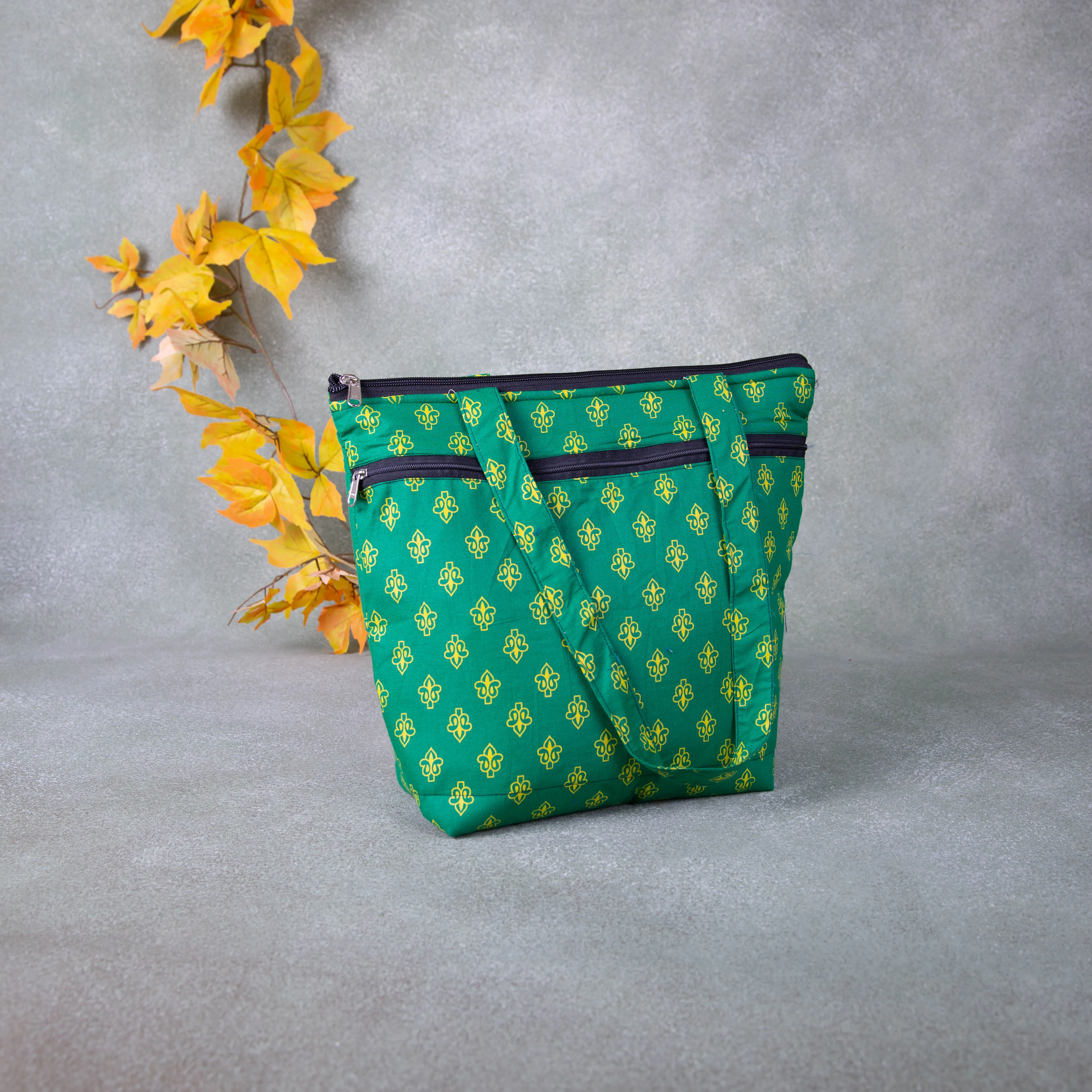 Medium Size Handbag Green Colour with Yellow Flower Design.