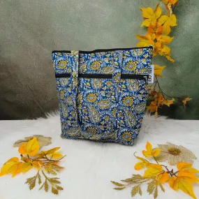 Medium Size Handbag Greenish Blue with Botanical Prints