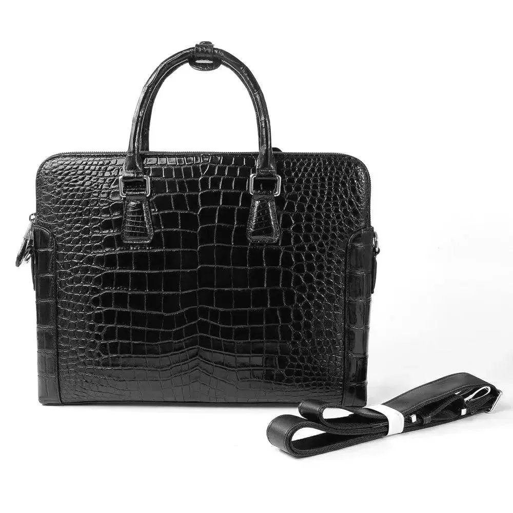 Mens Crocodile Belly Leather Briefcase Black