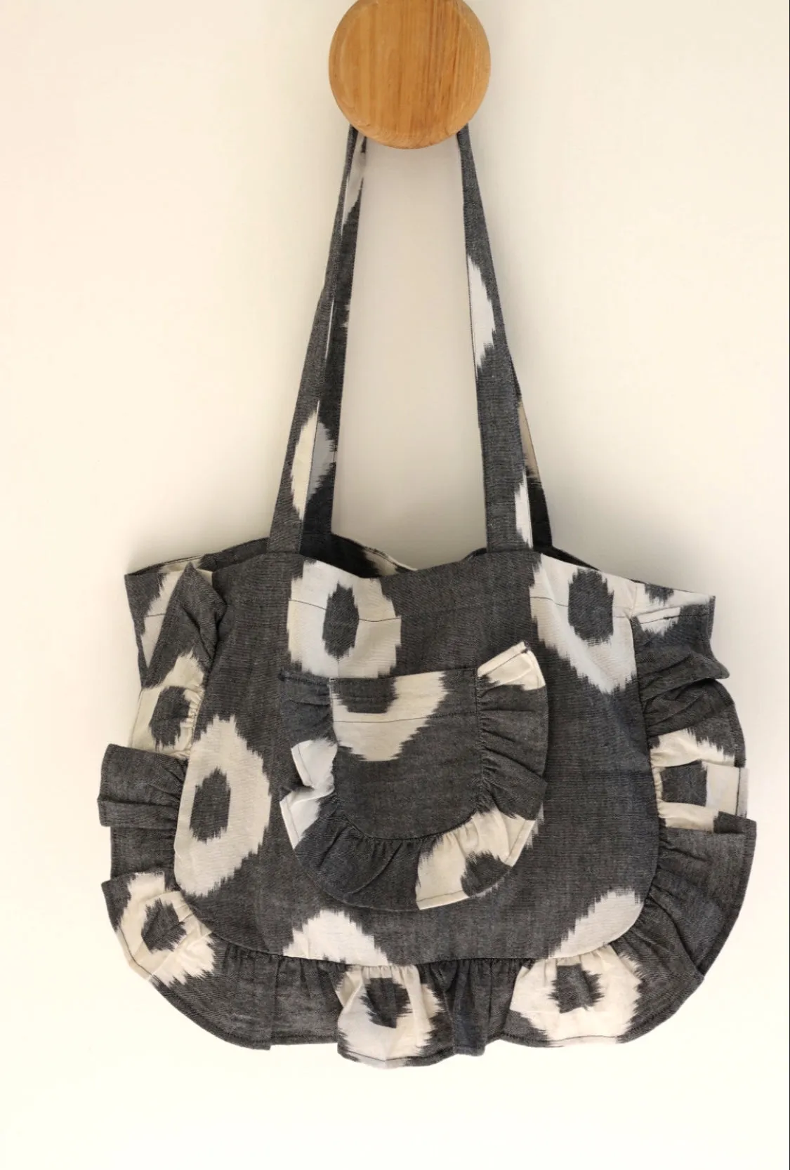 Mini Frill Tote -  Black Spot Ikat