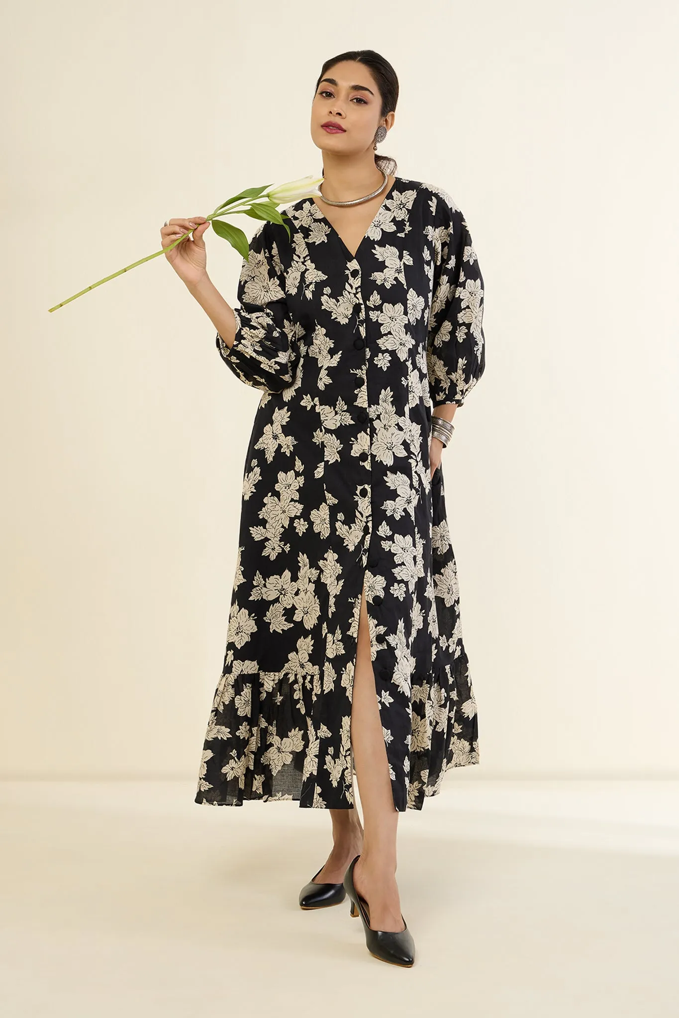 Monochrome Peony Midi Dress with Ruffle Border