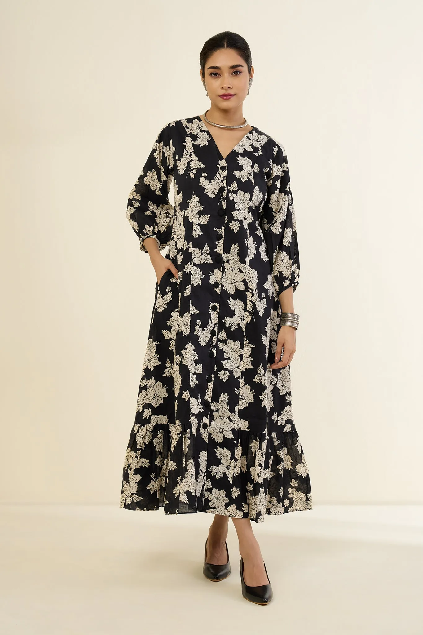 Monochrome Peony Midi Dress with Ruffle Border