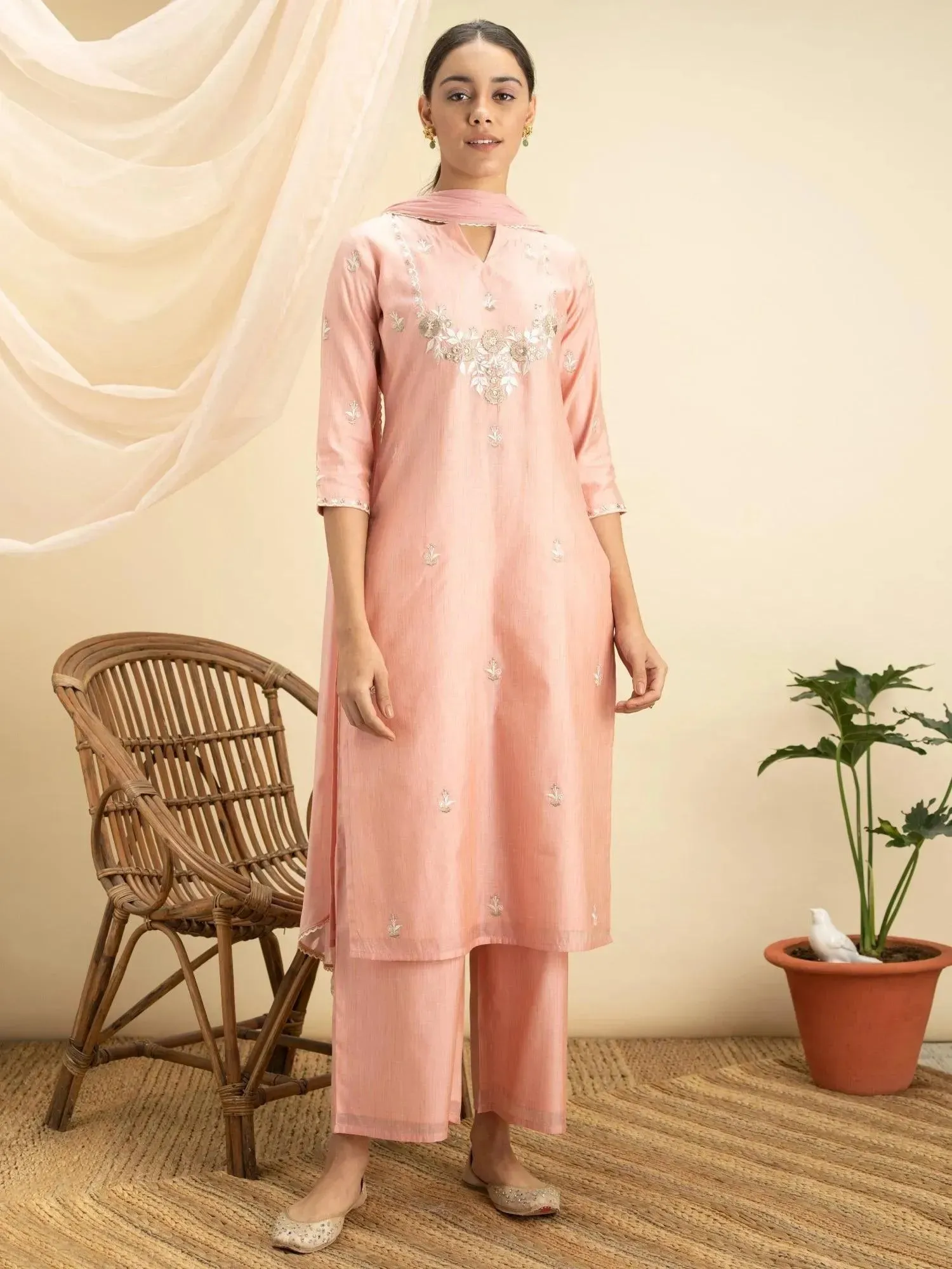 Pink Embroidered Silk Straight Kurta With Palazzos & Dupatta