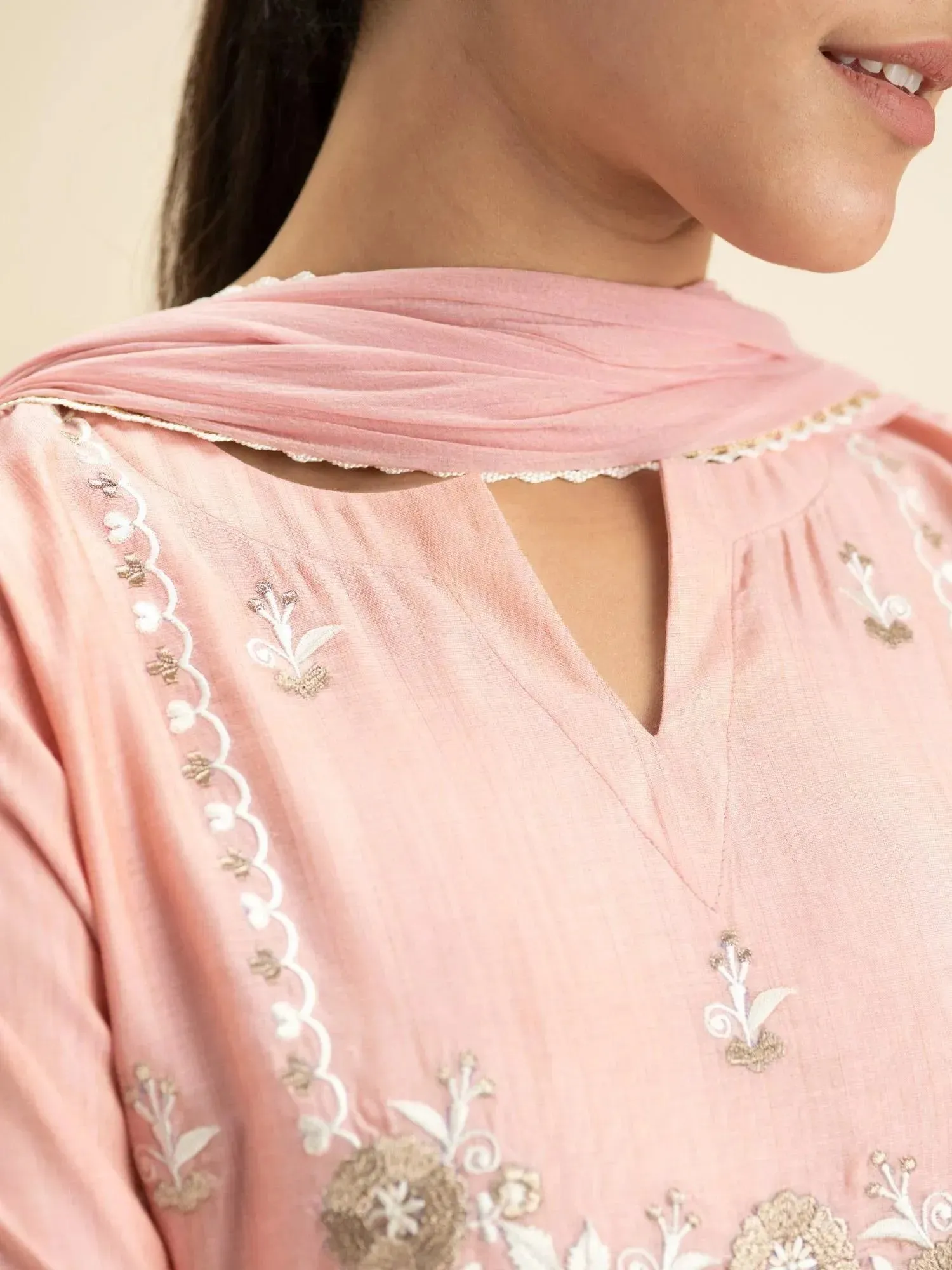 Pink Embroidered Silk Straight Kurta With Palazzos & Dupatta