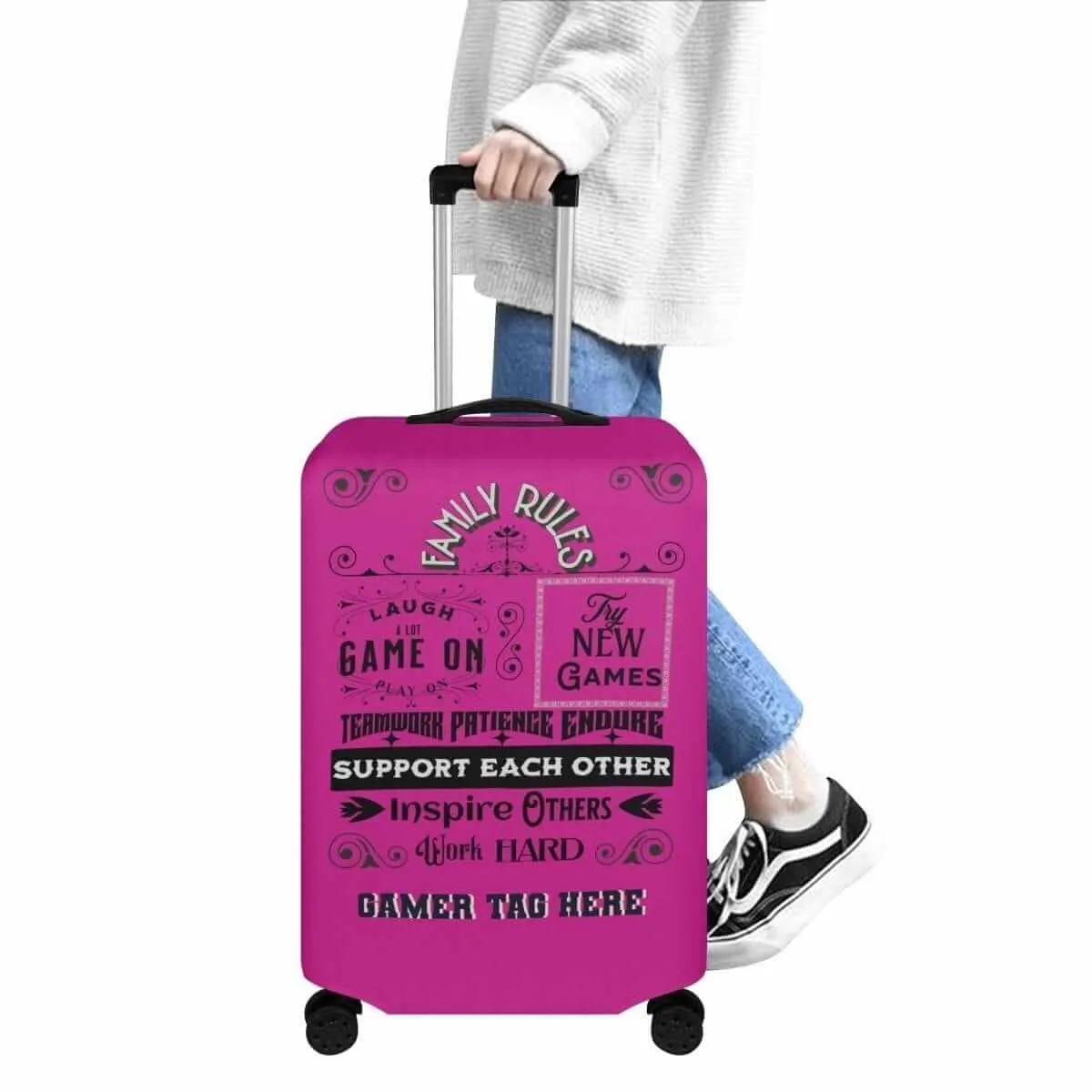 Pink Gaming Family Rules Luggage Cover