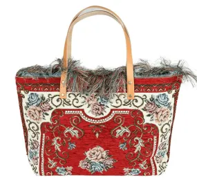 Red Tapestry Handbag Leather Handles Made In Italy Gorgeous