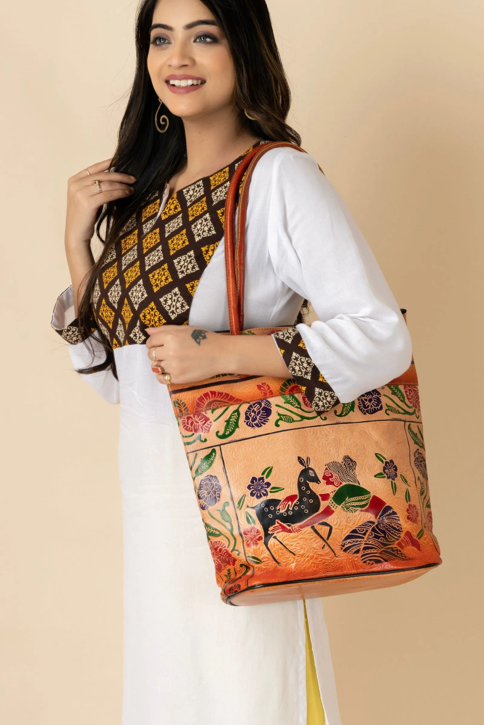 Shantiniketan Handcrafted Brown Leather Handbag for Women - 4 Compartments, Spacious Design 14x14