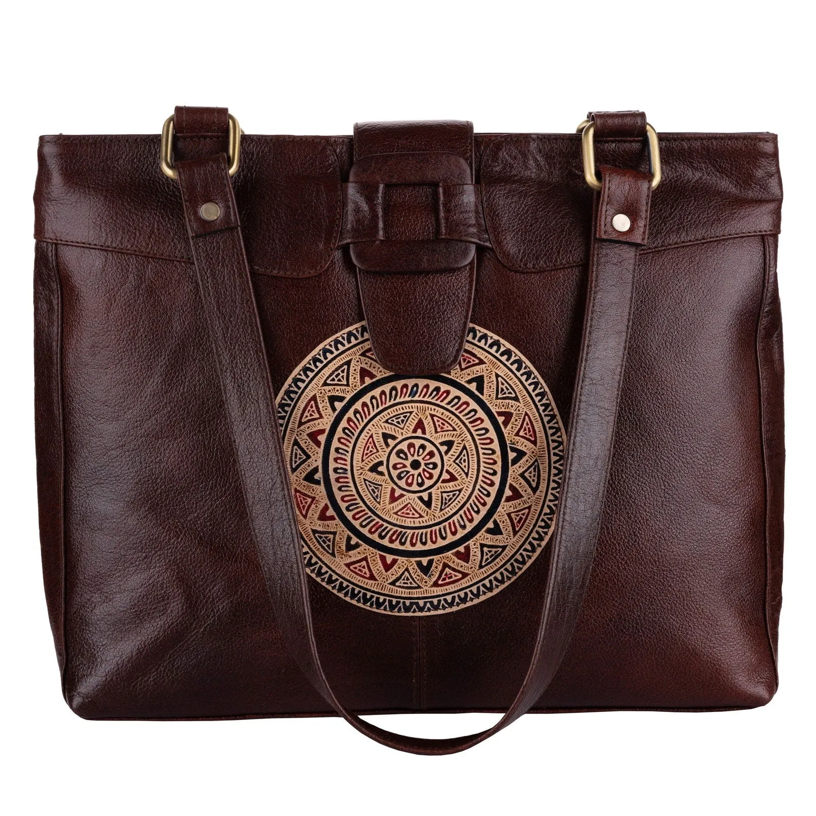 Shantiniketan Leather Handbag with Traditional Motif, 4 Spacious Compartments, Brown, 14x14 Inches