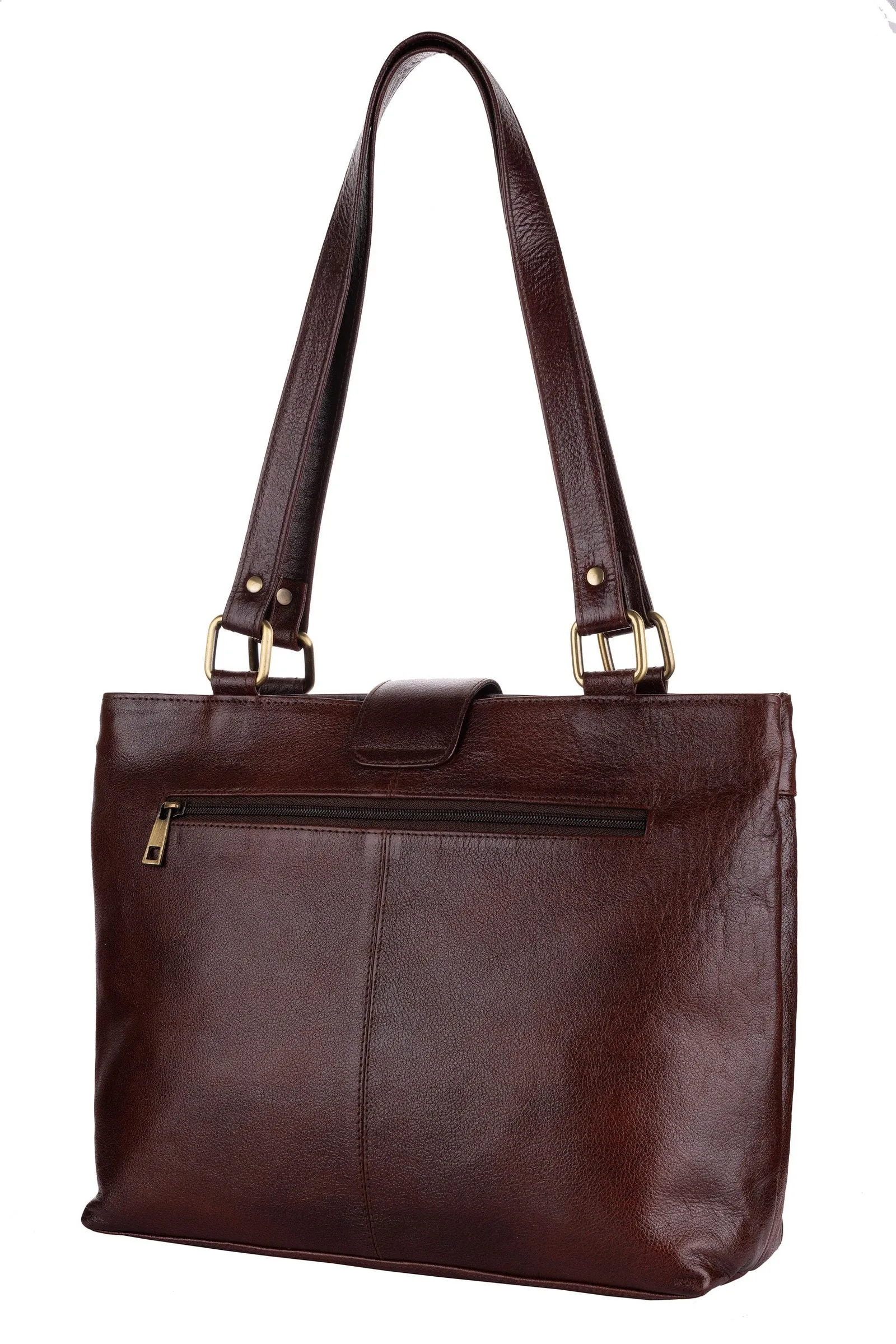 Shantiniketan Leather Handbag with Traditional Motif, 4 Spacious Compartments, Brown, 14x14 Inches