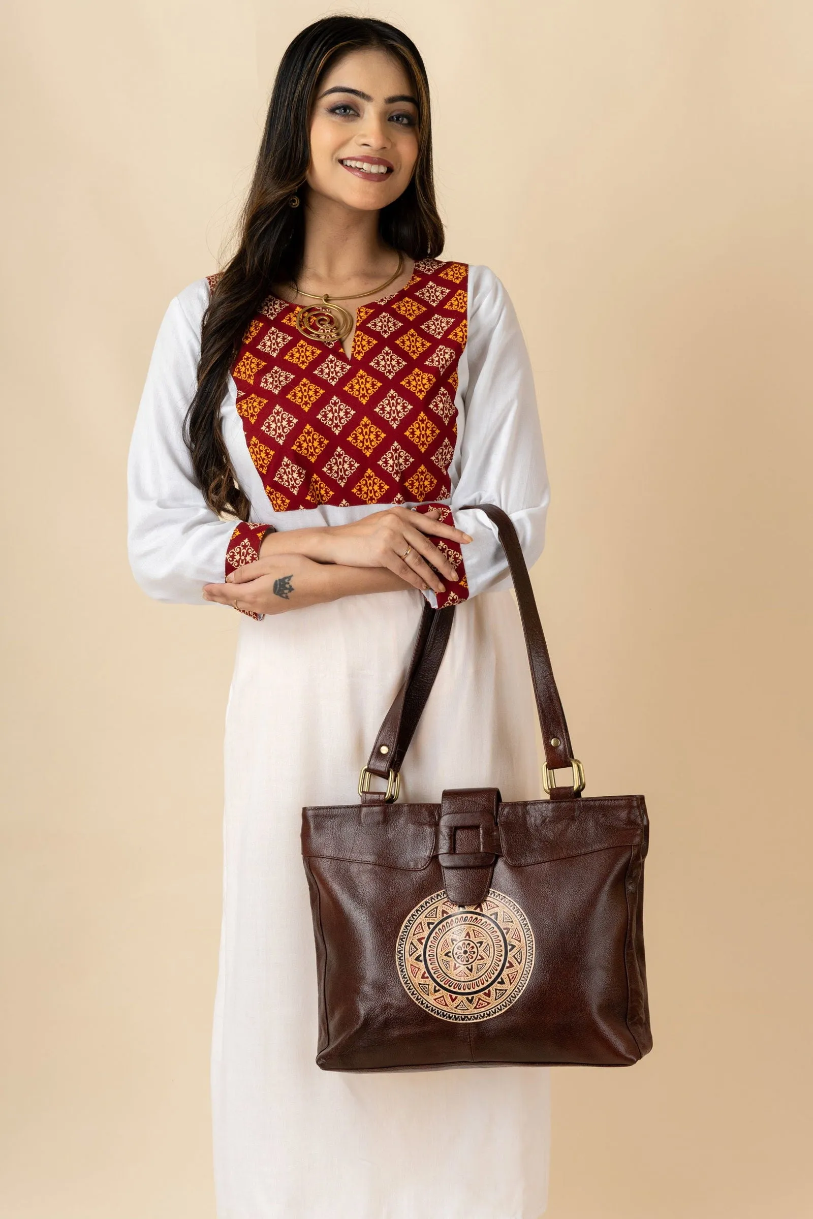 Shantiniketan Leather Handbag with Traditional Motif, 4 Spacious Compartments, Brown, 14x14 Inches