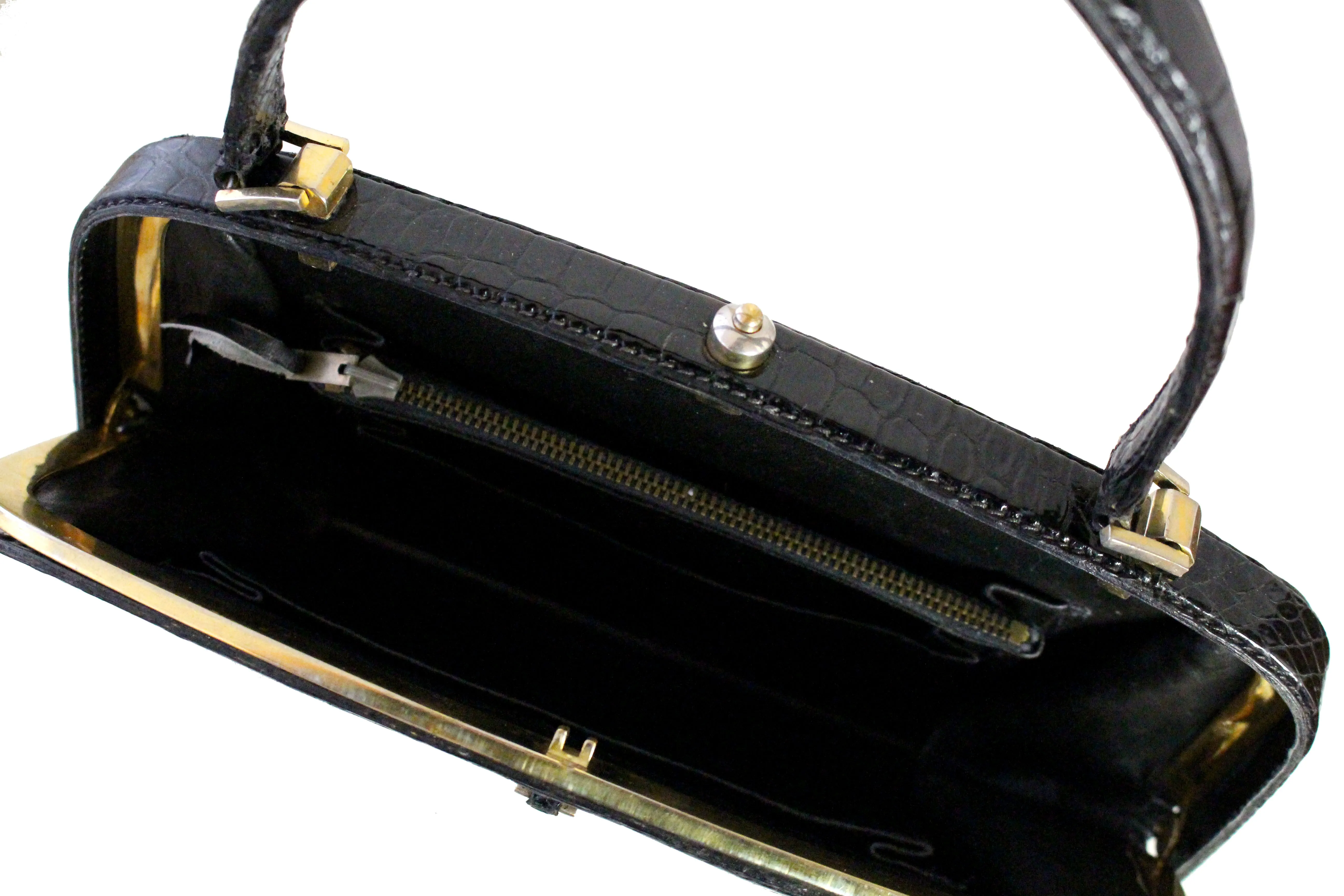 Small black crocodile skin handbag with skin lined frame