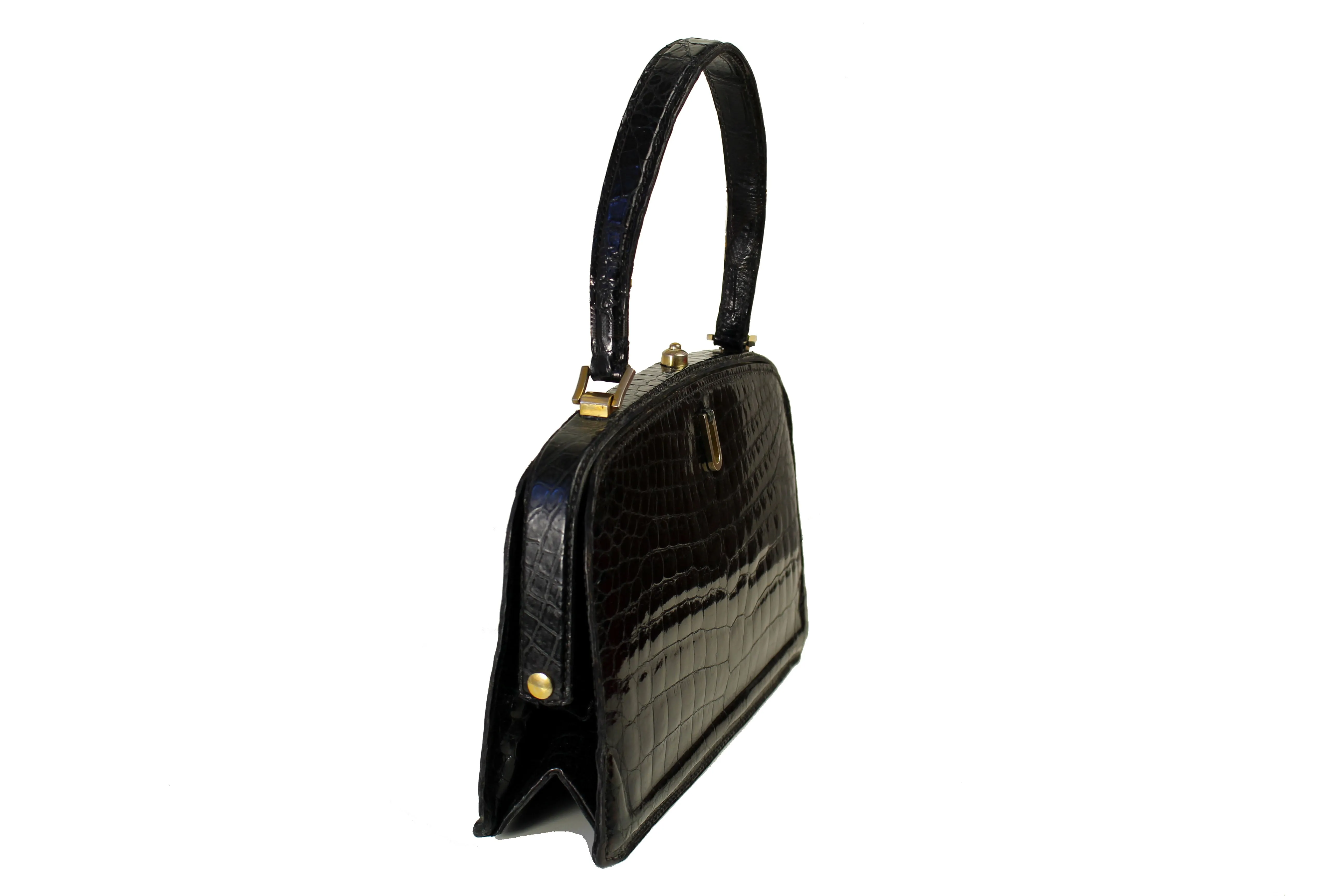 Small black crocodile skin handbag with skin lined frame