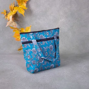 Small Handbag Sky Blue Colour Whit Grey Flower Design.