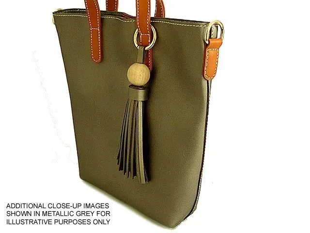 SMALL TAN TASSEL TOTE BAG SET WITH CROSSBODY BAG AND LONG SHOULDER STRAPS