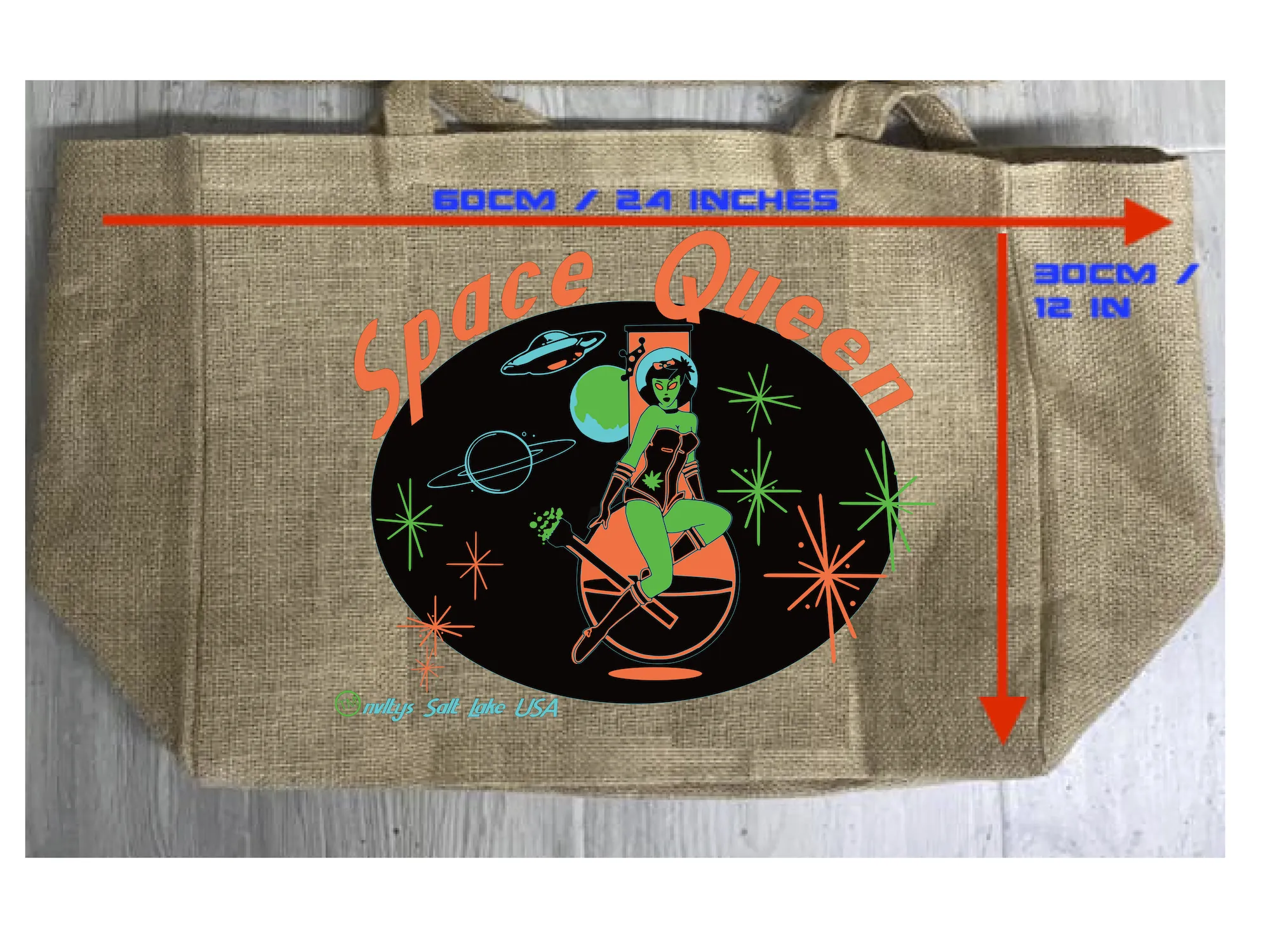 SPACE QUEEN MARIJUANA BURLAP TOTE BAG ( sold by the piece )