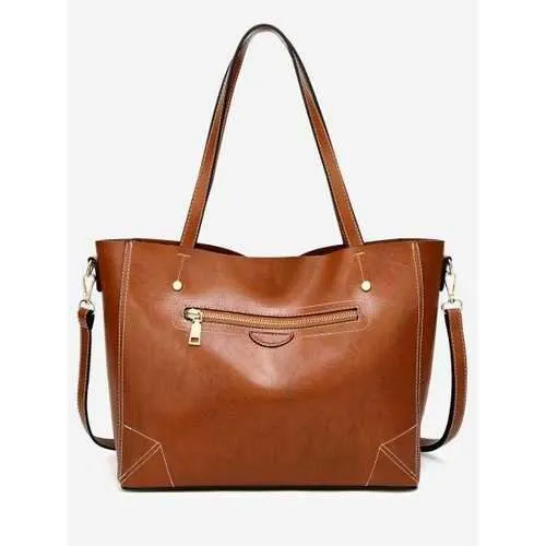 Stitching Minimalist Chic Shopping Shoulder Bag - Light Brown